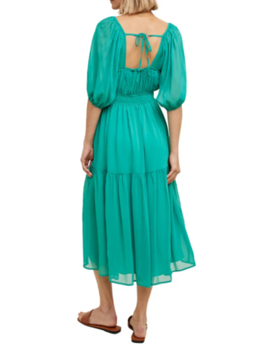 Emerald Green Boho Maxi Dress Puff Sleeve Smocked Waist Size S - Picture 2 of 6